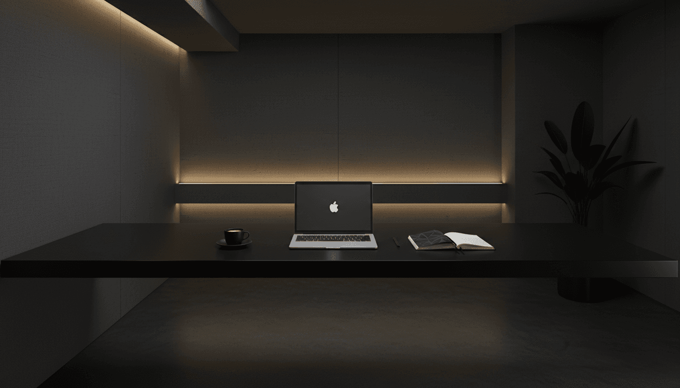 Minimalist workspace with laptop and notebook in a moody, elegant studio setting