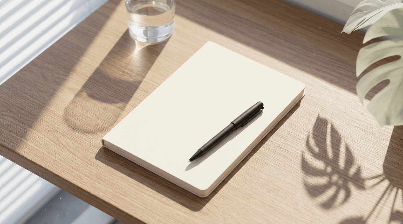 Minimal workspace with notebook and warm ambient lighting