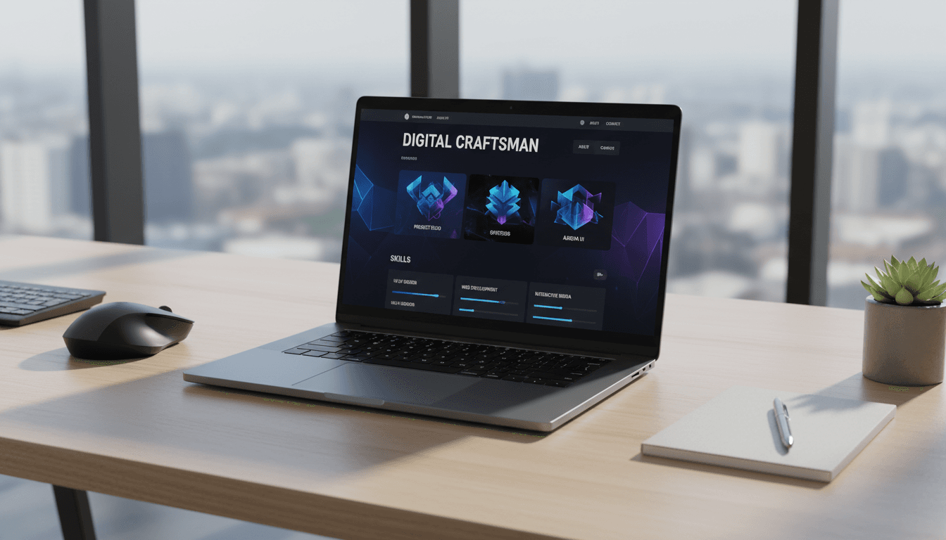 Gallery of minimal editorial website designs displayed on screens in a dark studio