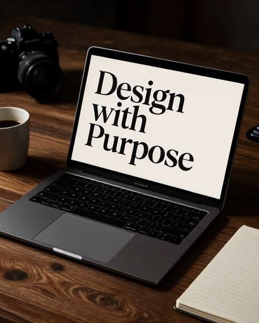 Open laptop displaying "Design with Purpose" on screen, with a camera and coffee nearby.