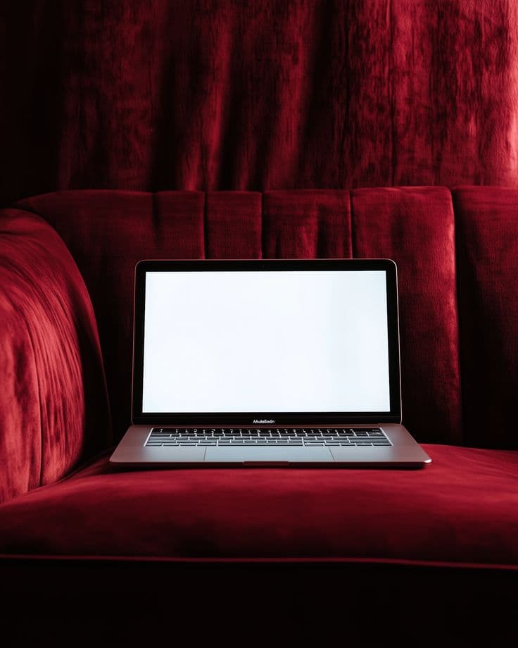 Silver laptop with a blank white screen resting on a plush, deep red velvet sofa.